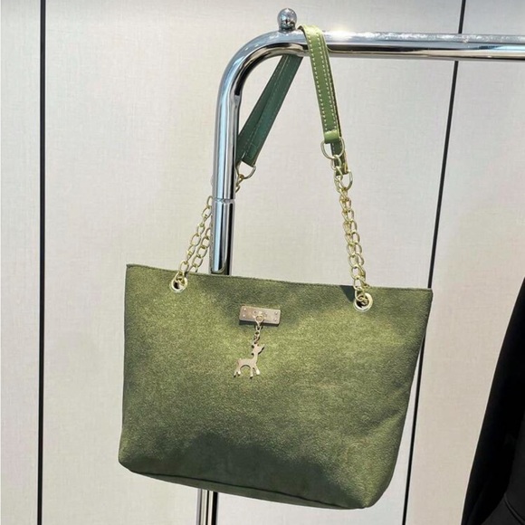 ⚠️Clearance Chain Shoulder Elegant Green Suede Tote Bag with Gold Chain - Picture 7 of 9
